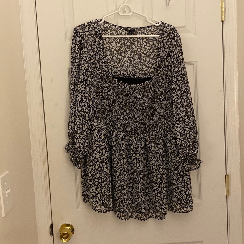 Black & White Floral Chiffon Smocked Babydoll Blouse